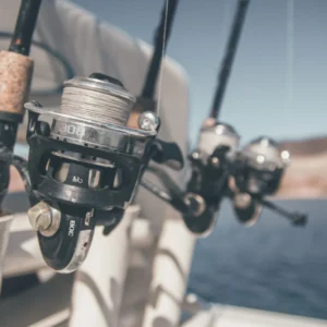 Close-up of charter fishing reels