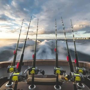 Six black and yellow fishing rods racked on a charter boat
