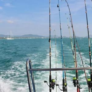 Fishing rods rigged on a boat over open water
