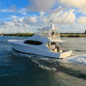 White and blue sportfishing boat under way on open sea