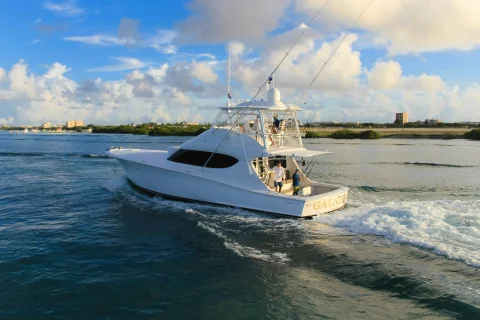 White and blue sportfishing boat under way on open sea